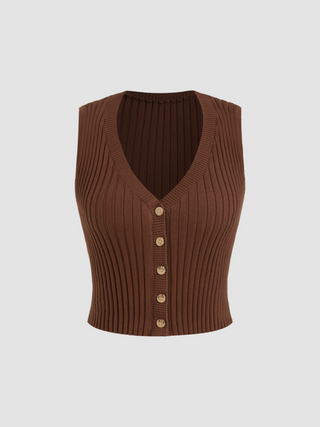 V-neck Solid Button Crop Knitted Vest