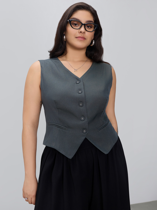 V-neck Solid Button Vest Curve & Plus