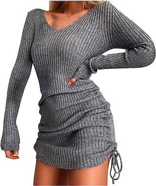 V-neck Solid Drawstring Mini Dress