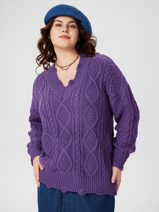 V-neck Solid Knitted Long Sleeve Sweater Curve & Plus