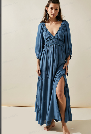 V-neck Solid Knotted Maxi Dress