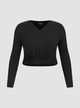 V-neck Solid Ruched Crop Top Curve & Plus