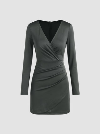 V-neck Solid Ruched Long Sleeve Mini Dress