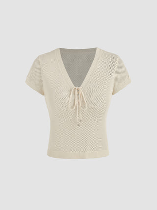 V-neck Solid Tie Front Knitted Short Sleeve Top