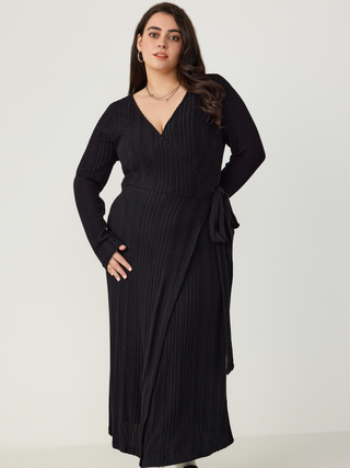 V-neck Solid Wrap Knotted Maxi Dress Curve & Plus