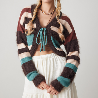 V-neck Striped Knotted Fuzzy Cardigan