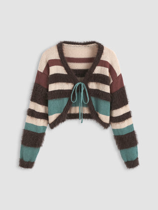 V-neck Striped Knotted Fuzzy Cardigan