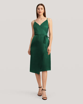 V Neck Tie Waist Silk Evening Dress (Green Jade / 12)