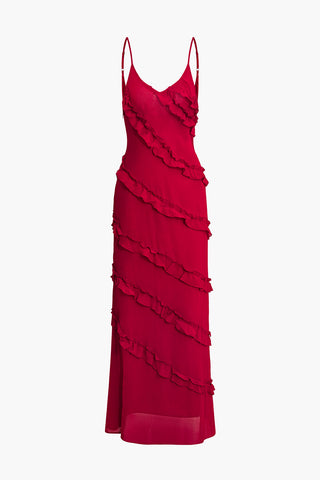 V-neck Tiered Ruffle Backless Maxi Dress (M / RED)