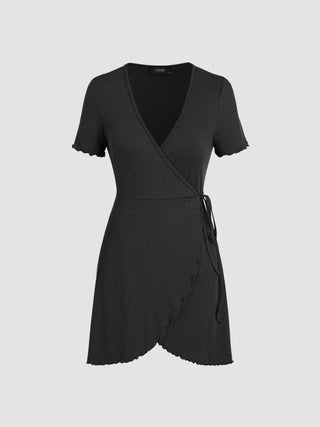 V Neck Wrap Solid Mini Dress