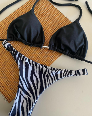 V-neck Zebra Striped Halter Cheeky Bikini Swimsuit