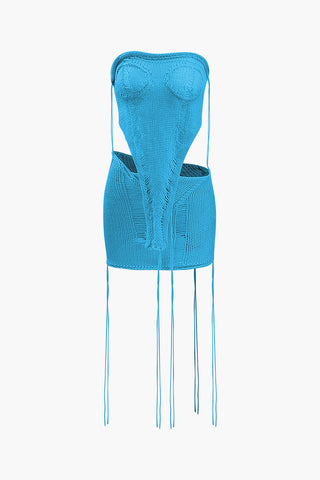 V-Shape Knit Strapless Top And Foldover Mini Skirt Set (S / BLUE)