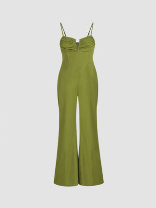 V-Wired Ruched Solid Jumpsuit (L / Green)