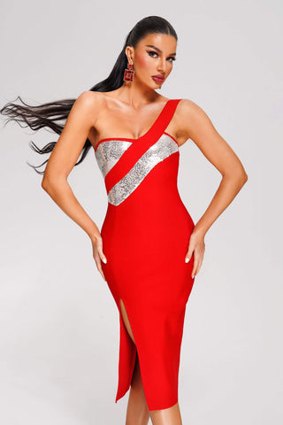 Vafey Sequin Midi Bandage Dress (S / Red)