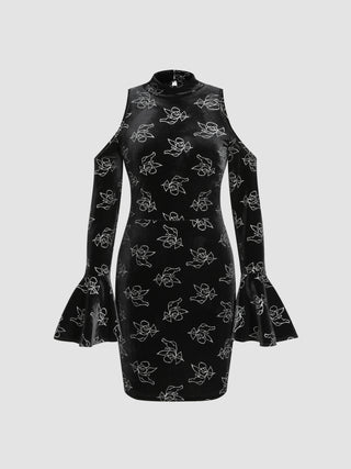 Velvet Angel Pattern Bell Sleeve Bodycon Short Dress