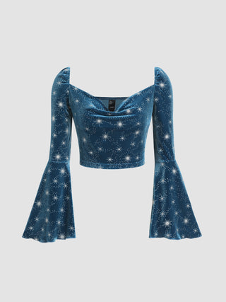 Velvet Cowl Neck Bell Sleeve Crop Top (S / Blue)