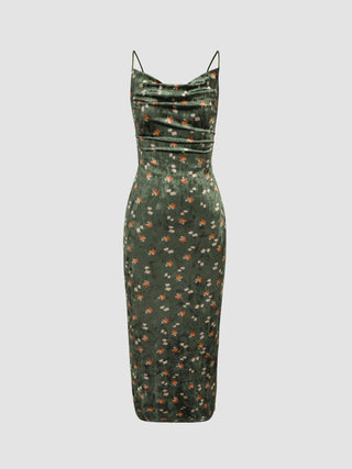 Velvet Cowl Neck Floral Maxi Dress (M / Green)