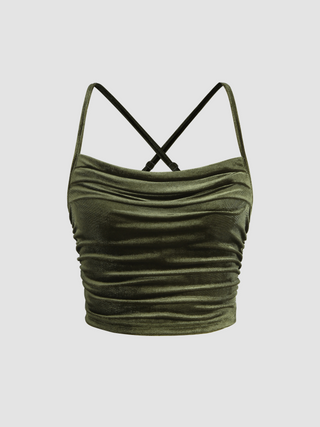 Velvet Cowl Neck Solid Ruched Crop Top (M / Olive Green)