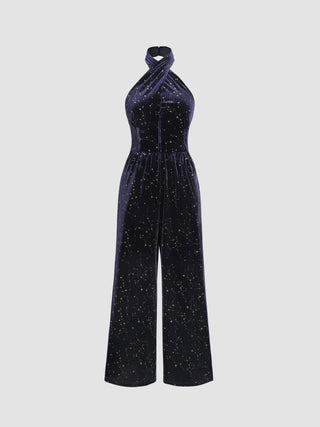 Velvet Cross Halter Corset Star Pattern Jumpsuit (S / Blue)