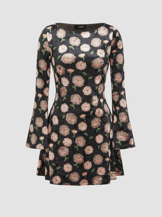 Velvet Floral Bell Sleeve Ruffle Mini Dress