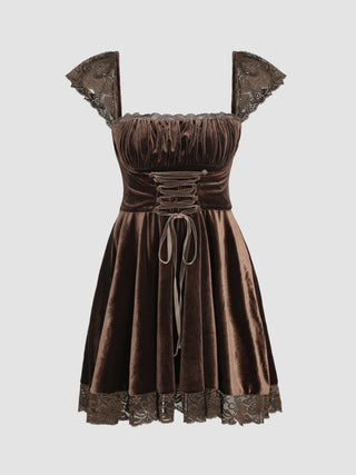 Velvet Lace Trim Lace Up Pleated Short Dress