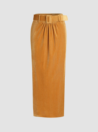 Velvet Mid Waist Belted Split Maxi Skirt