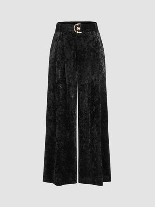 Velvet Mid Waist Pocket Buckle Wide Leg Trousers