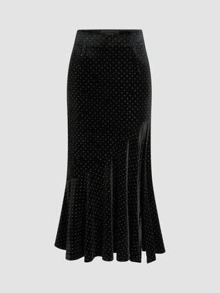 Velvet Rhinestone Solid Split Mermaid Midi Skirt