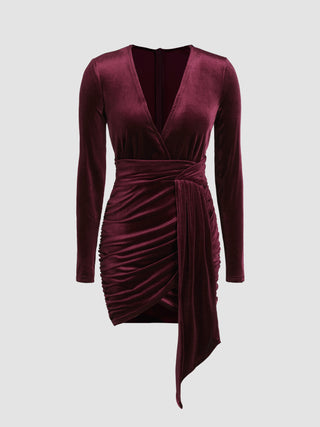 Velvet Ruched V-neck Short Dress