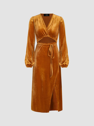 Velvet Solid Cut Out V-neck Split Maxi Dress (L / Orange)