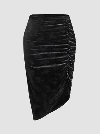 Velvet Solid Ruched Drawstring Midi Skirt Curve & Plus