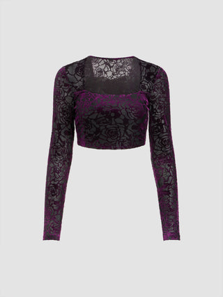 Velvet Square Neck Rose Long Sleeve Crop Top