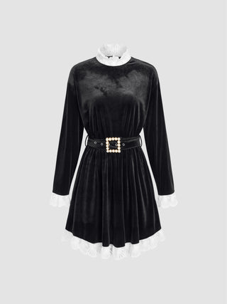 Velvet Stand Collar Faux Pearl Belted Mini Dress