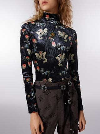 Velvet Stand Collar Floral Button Bodysuit