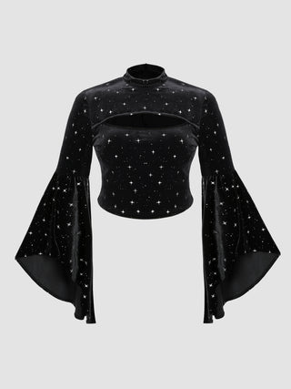 Velvet Star Pattern Bell Crop Sleeve Top Curve & Plus