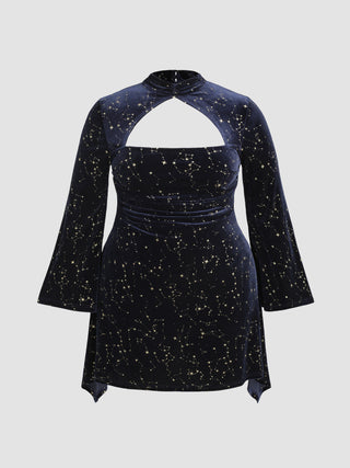 Velvet Star Pattern Bell Sleeve Short Dress Curve & Plus