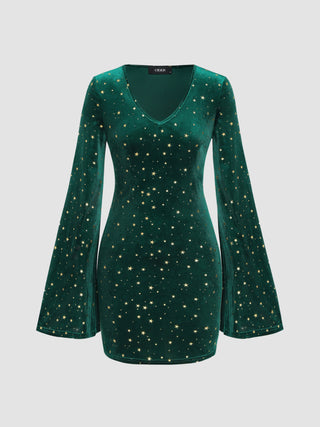 Velvet V-neck Bell Sleeve Star Split Mini Dress