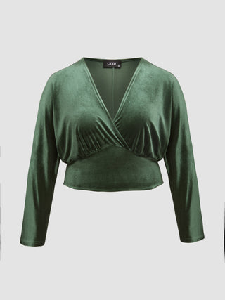 Velvet V-neck Solid Ruched Crop Long Sleeve Top Curve & Plus