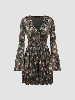 Velvet V-neckl Floral Ruffle Mini Dress