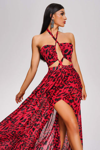 Verga Halter Leopard Maxi Dress (M / Red)