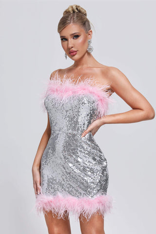 Violet Feather Sequin Mini Dress (L / Silver)