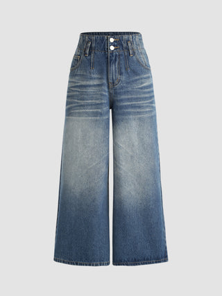 Washed Button Cropped Wide Leg Jeans