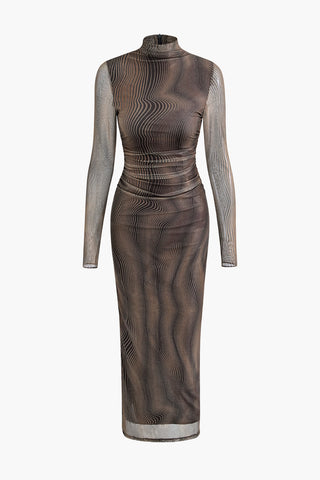 Wave Mock Neck Mesh Long Sleeve Maxi Dress (L / BROWN)