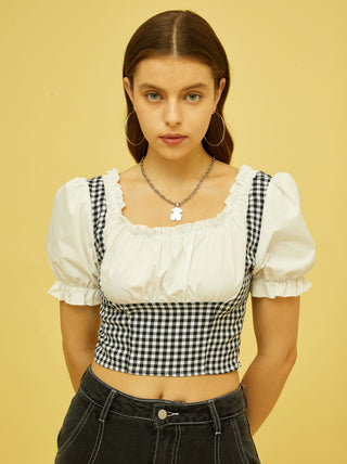 White Check Pattern Crop Blouse