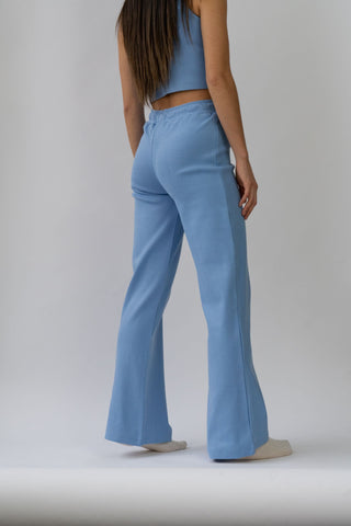 a woman wearing a blue cropped cropped crop top and wide pants