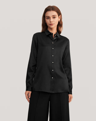 Women Classic Pearl Button Silk Shirt (Black / M)