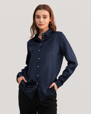 Women Classic Pearl Button Silk Shirt (Navy Blue / XXL)