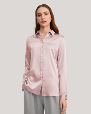 Women Classic Pearl Button Silk Shirt (Rosy Pink / M)