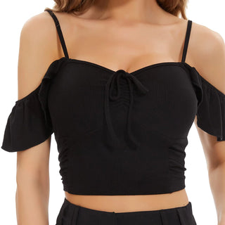 Women Ruffle Strap Knotted Rib Tank Top Cute Square Neck Strap Crop Top Summer Apricot