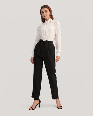 Women Tucked Tapered Silk Pants (Black / 12)